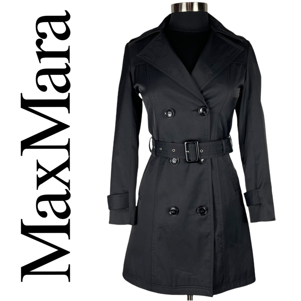 MAXMARA BLACK COTTON LIGHTWEIGHT DOUBLE BREASTED BELTED SHORT TRENCH COAT JACKET